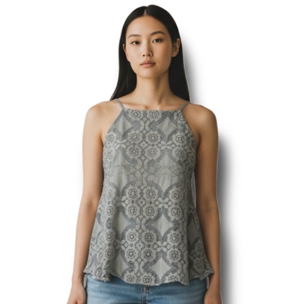 Easel Women's Swing Cami Tank Top Lace Overlay Spaghetti Strap Boho Grey M NWT